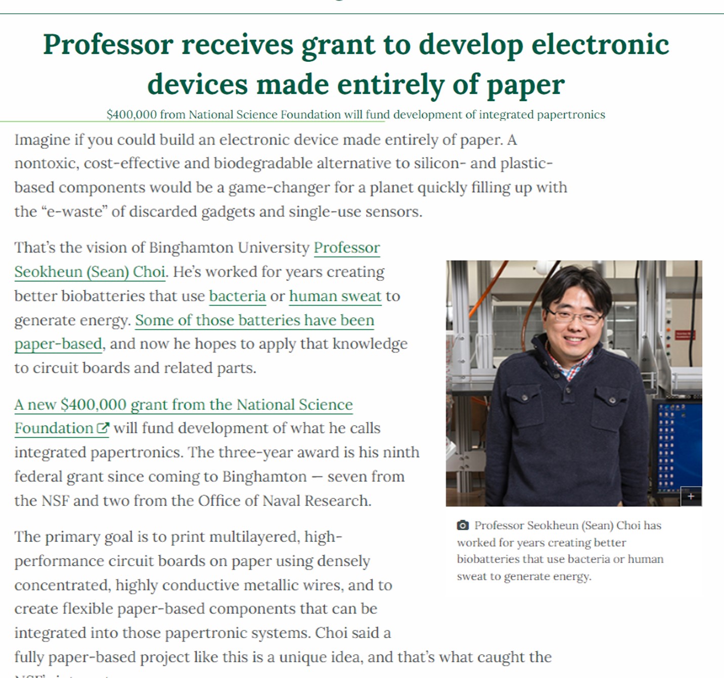 Binghamton University news coverage of the NSF papertronics grant